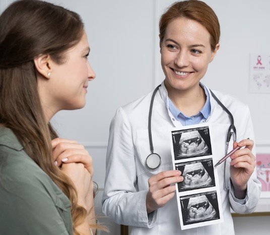 Doctor showing ultrasound images to a patient at the Best Obstetrician Diagnostics Center in West Vinod Nagar.