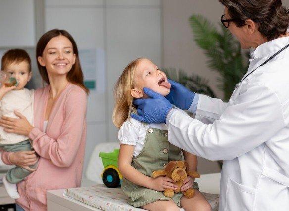 Doctor examining a young girl during a routine checkup at the Best Child Health Care Center in North East Delhi.