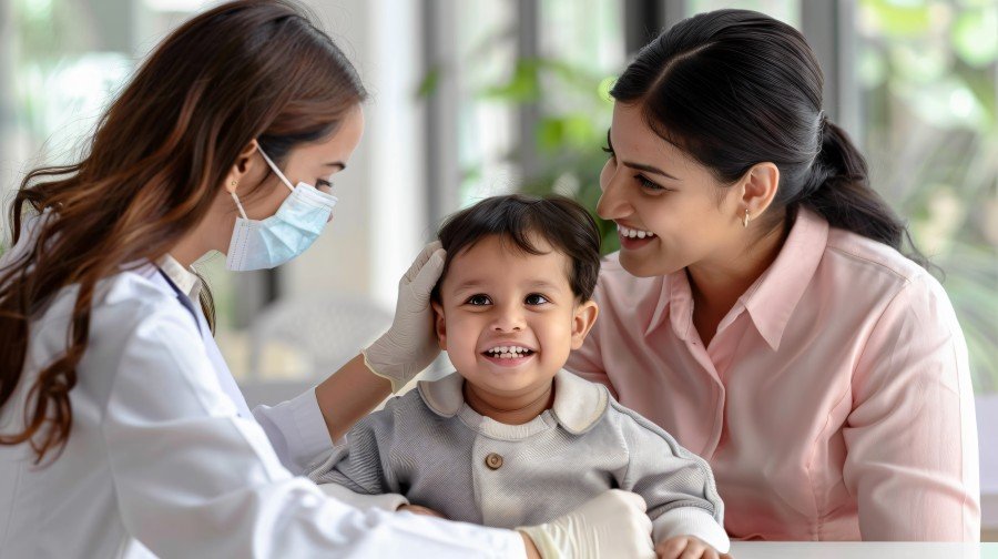 Pediatric doctor performing a routine health checkup on a smiling young child while the mother looks on at a child healthcare clinic.